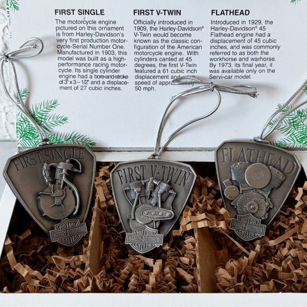 Harley Davidson 3 Christmas Ornaments Wrap Up The Rumble Pewter Engine 1999
